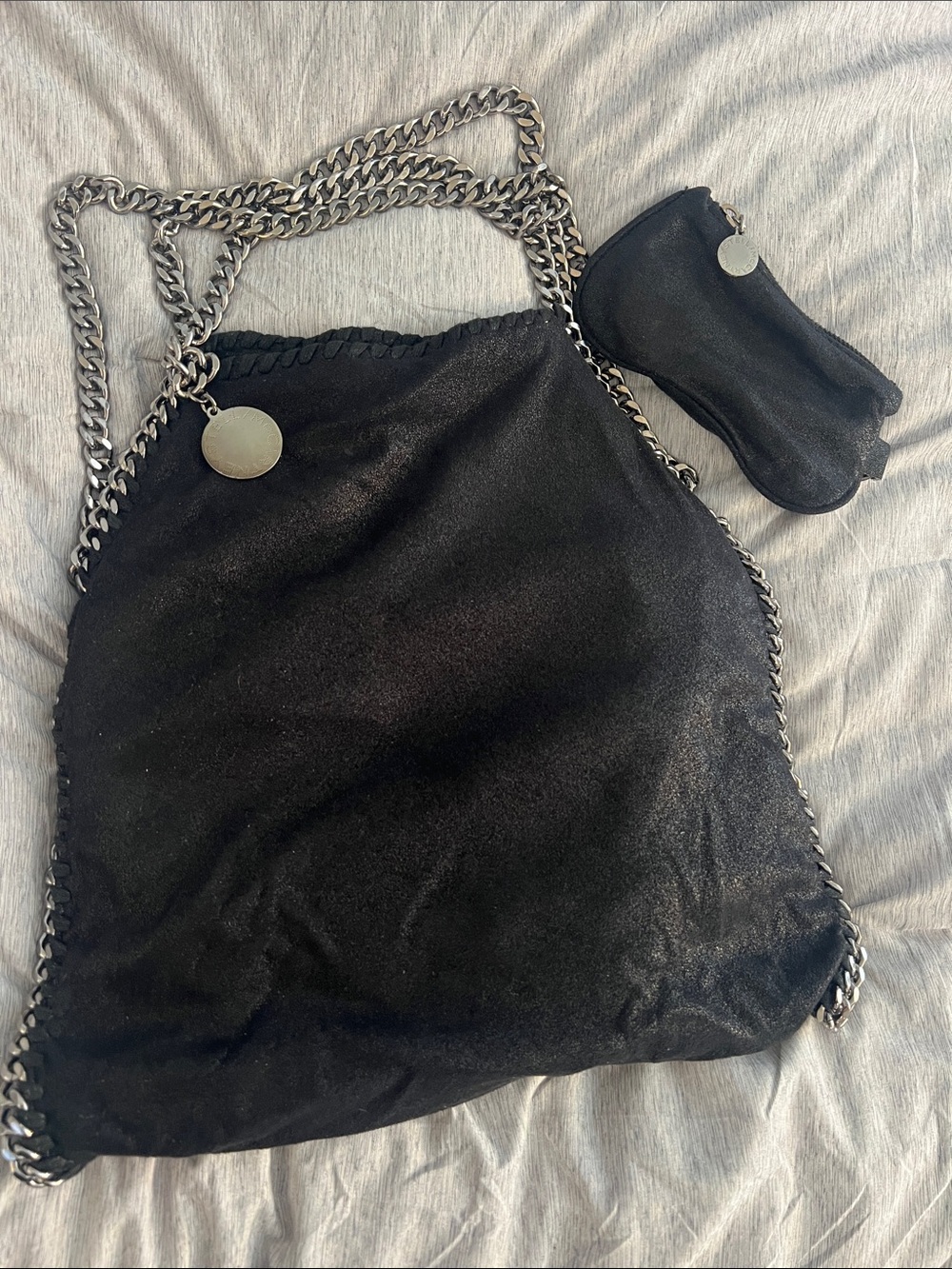 Authentic Stella McCartney Black Chain-Trim Falabella Tote with Coin Charm